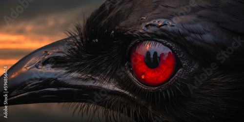 A bloody raven, in full concentration, is highly visible in this close-up, its red eyes glinting, its beak filled with blood after a battle. Generative AI