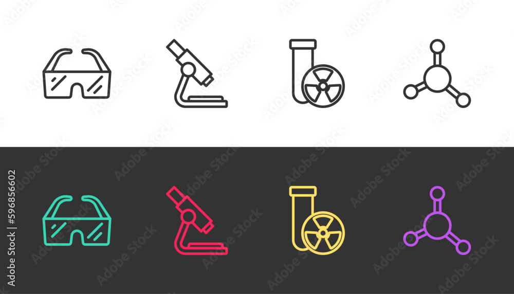 Set line Safety goggle glasses, Microscope, Test tube radiation and Molecule on black and white. Vector Set line Safety goggle glasses, Microscope, Test tube radiation and Molecule on black and white. Vector