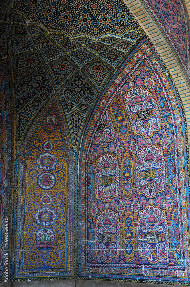 Located in Shiraz, Iran, the Nasser Al-Mulk Mosque was built in 1888. It has a colorful appearance.