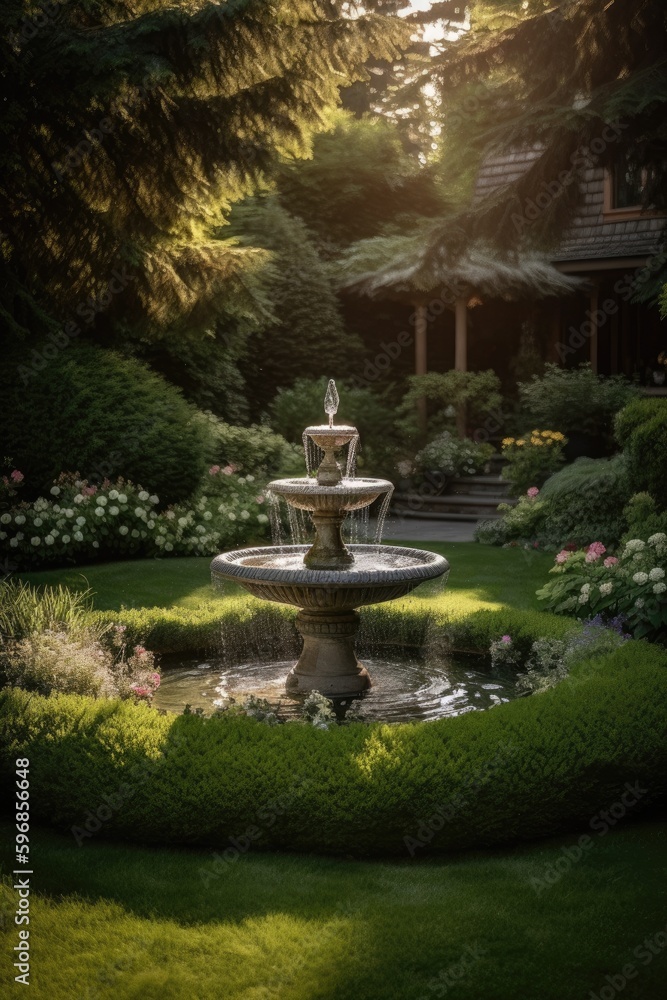 Elegant Fountain in a Manicured Lawn | AI Generated