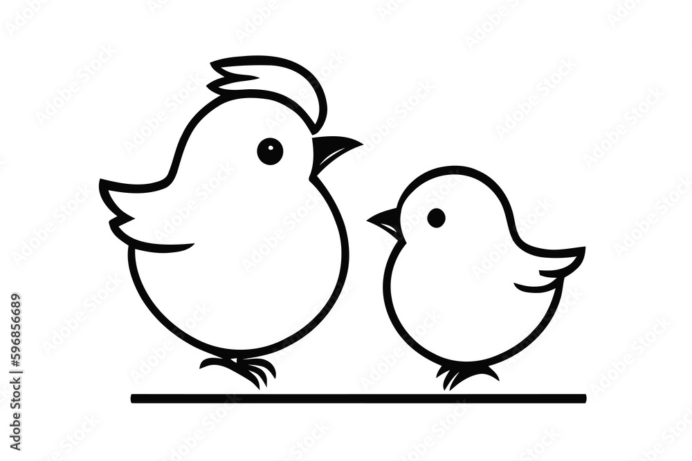 Two chickens sitting on a branch. One chicken is looking to the left and the other is looking to the right. They are both black and white. Outline vector illustration.