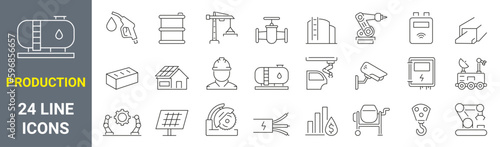 Production web icons in line style. Manipulator, factories, mine, collection. Vector illustration. Editable stroke
