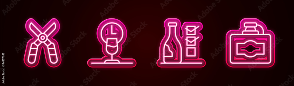 Set line Gardening scissors, Wine time, Bottle of wine and Cardboard box. Glowing neon icon. Vector Set line Gardening scissors, Wine time, Bottle of wine and Cardboard box. Glowing neon icon. Vector