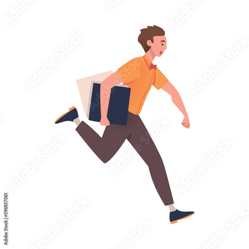 Man Character Hurrying Running Fast with Documents in Folder Feeling Panic of Being Late Vector Illustration