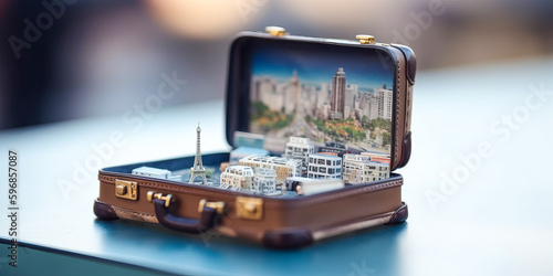 Null Valise ouverte avec à l'intérieur une maquette de la ville de Paris. Symbolise le départ pour un voyage touristique pour la ville de Paris. Faire ses valises pour Paris. Generative AI