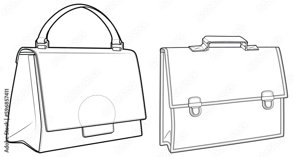 Set of business Briefcase bag flat sketch fashion illustration drawing