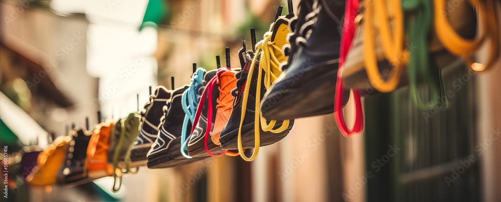 Shoe laces flapping on a street. A sharp and bright image, blurred background and bokeh. Colorful and detailed horizons. Memorable and artistic capture. Generative AI