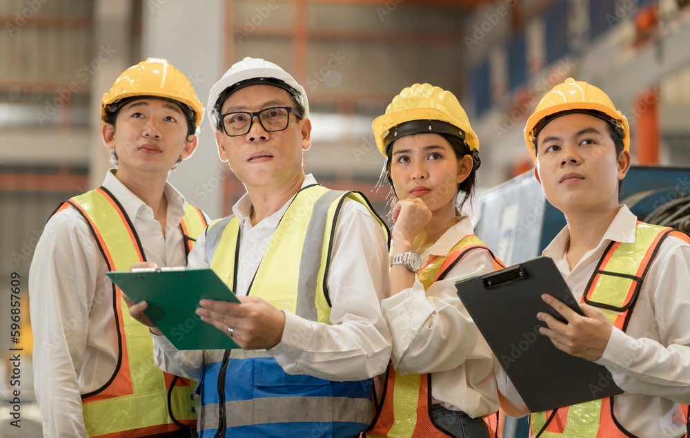 woman worker and engineer under inspection and checking production process on factory station. Factory Engineer. Professional Heavy Industry Engineer Worker. Team of factory workers. woman worker and engineer under inspection and checking production process on factory station. Factory Engineer. Professional Heavy Industry Engineer Worker. Team of factory workers.