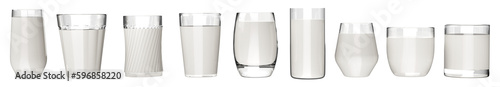 Different milk glasses collection transparent background, high quality - 3D rendering