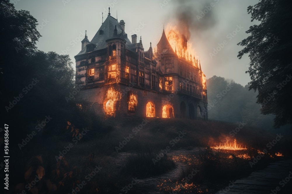 A spooky castle engulfed in flames. Generative AI