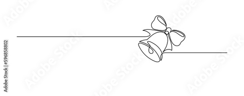 School bell with bow. Continuous line drawing. Christmas decoration, vintage bell.