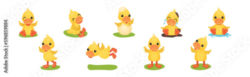Funny Yellow Duckling Engaged in Different Activity Vector Set
