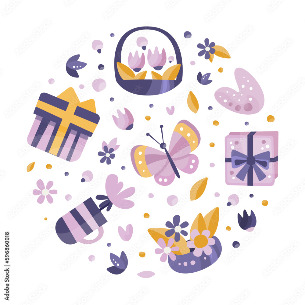 Mothers Day Circle Arrangement with Floral Element, Gift Box and Butterfly Vector Template