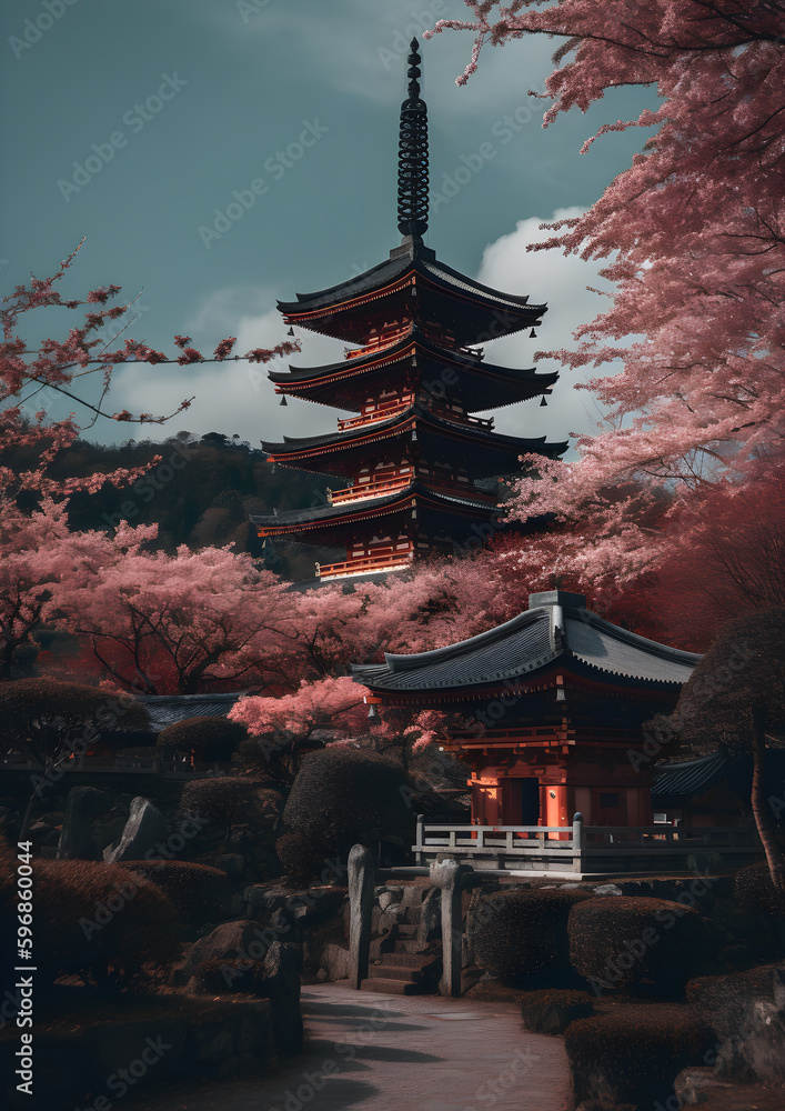 Naklejka premium japanese temple in Kyoto, cherry blossom season