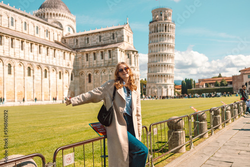 Travel tourists happy woman making selfie photo in front of leaning tower Pisa, Italy Fototapet