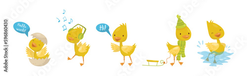 Funny Yellow Duckling Engaged in Different Activity Vector Set