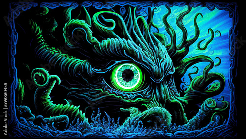 Chuthulu cthulhu sea monster nightmare elder god, Lovecraftian horror sea monster beast in groovy blacklight poster style, awesome epic fantasy art in neon colors (generative ai, ai) © yesdoubleyes