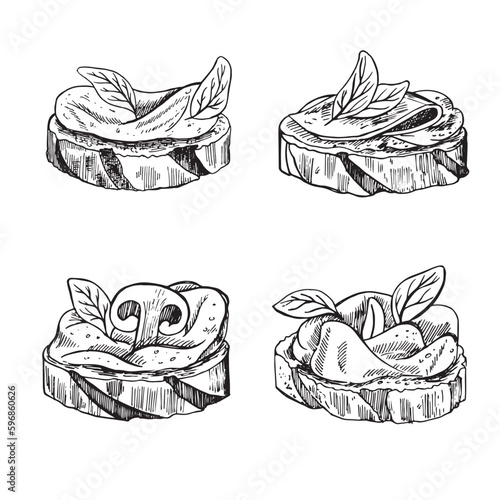 Slice of bread with cream cheese, and mushroom toast with melted cheese. Hand drawn illustration sketch. For design, packaging.
