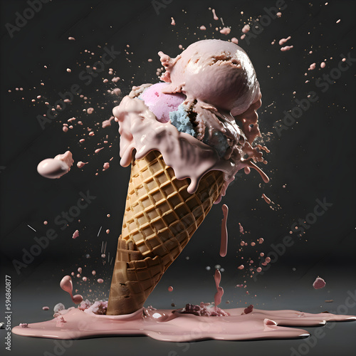 ice cream with chocolate and caramel on a black background. 3d rendering