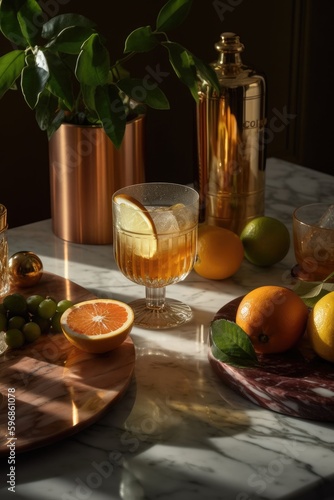 Cocktail Elements and Citrus Fruits on Whiskey Glasses