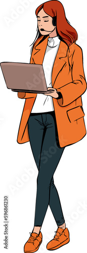 Tech-Savvy and Stylish: A Woman in a Chic Orange Jacket Expertly Balances Her Laptop in this Crisp Vector Illustration