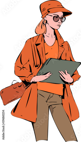 A tech-savvy woman confidently holds a modern laptop, dressed in a vibrant orange jacket, ready to tackle whatever the digital world throws her way