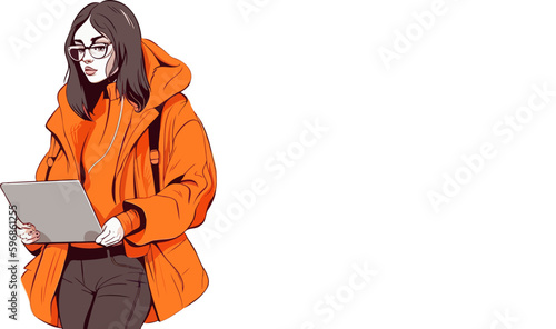 A modern professional lady in a vibrant orange jacket confidently grasping her reliable laptop - a sleek and stylish vector illustration