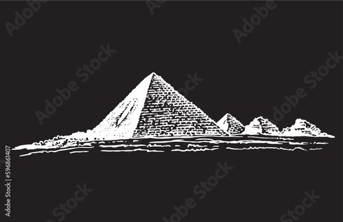 Graphical hand drawn pyramids isolated on black background, vector illustration. Egypt sightseeing