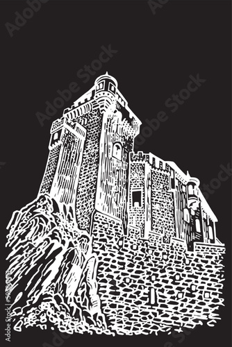 Graphical Liechtenstein castle isolated on black,vector engraved illustration, architecture of Germany