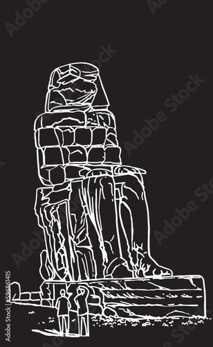  Colossi of Memnon sketch isolated on black graphical illustration, landmark of ancient Egypt.
Statue of  Pharaoh Amenhotep III.Vector
