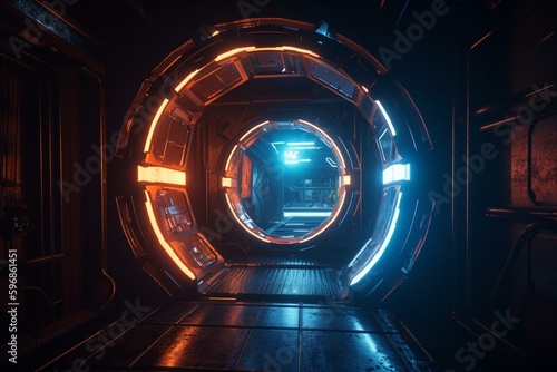 Futuristic portal with neon light in spacecraft, used for teleportation in a cyberpunk universe. 3D art. Generative AI photo
