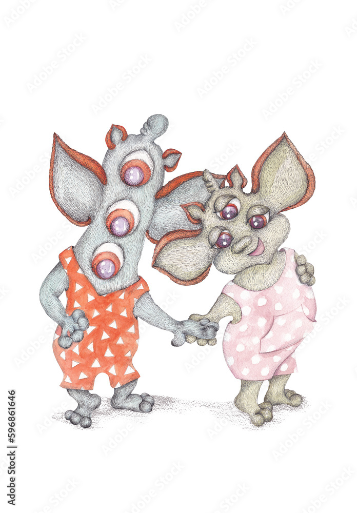 A pair of good monsters holding hands. Cartoon characters. Isolated mixed media illustration for your design. Ideal for decorating children's things and accessories
