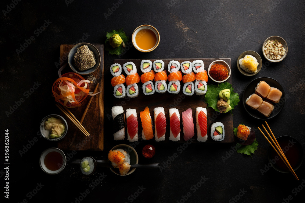 Generative AI. Sushi rolls isolated on black background Generative AI. Sushi rolls isolated on black background
