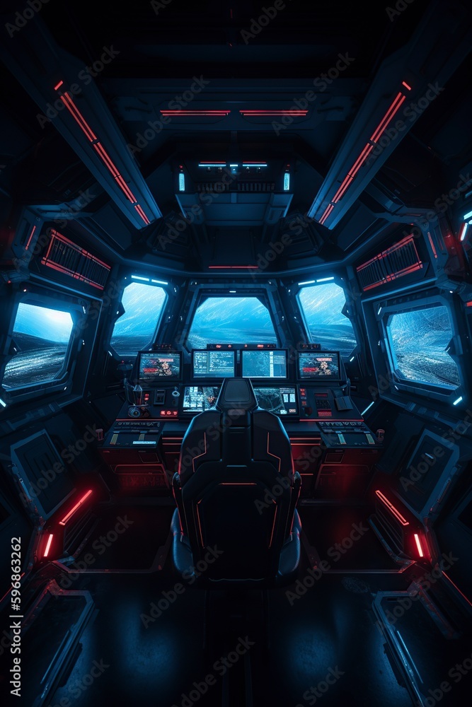 illustration, dark spaceship interior with bright blue and red light, ai generative illustration, dark spaceship interior with bright blue and red light, ai generative