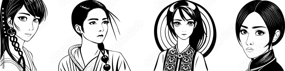 Asian woman illustrations set, black and white vecor, flat, illustration Asian woman illustrations set, black and white vecor, flat, illustration