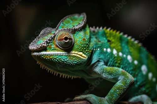 Green colored chameleon vibrant color  beautiful chameleon  closeup. Generative AI.