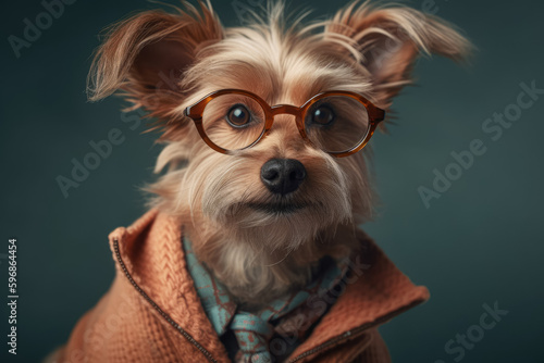 A dog dressed like a person, wearing glasses on its nose. A funny and quirky pet in human-like clothing, making everyone laugh. Generative AI, AI. © Sebastian