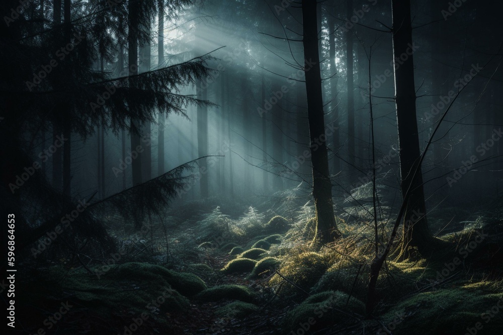 A surreal and mysterious image of dramatic light in a dark forest. Generative AI