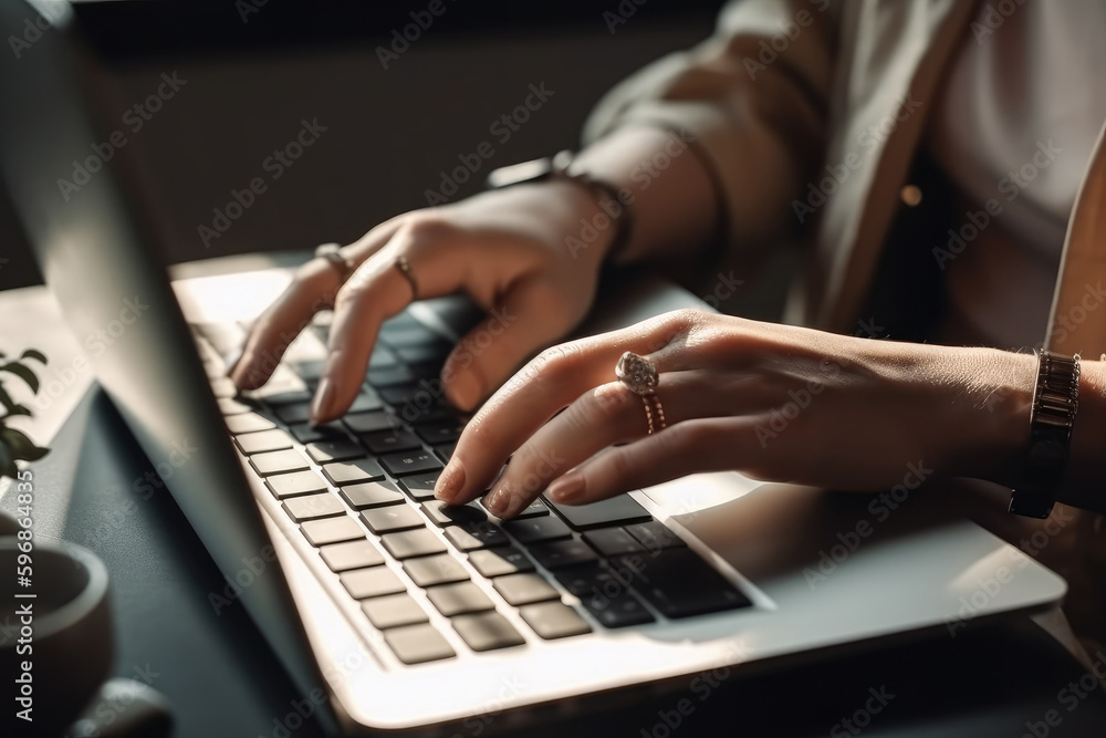 A woman's hands typing on a laptop, focused and productive at work. Generative AI, AI. A woman's hands typing on a laptop, focused and productive at work. Generative AI, AI.