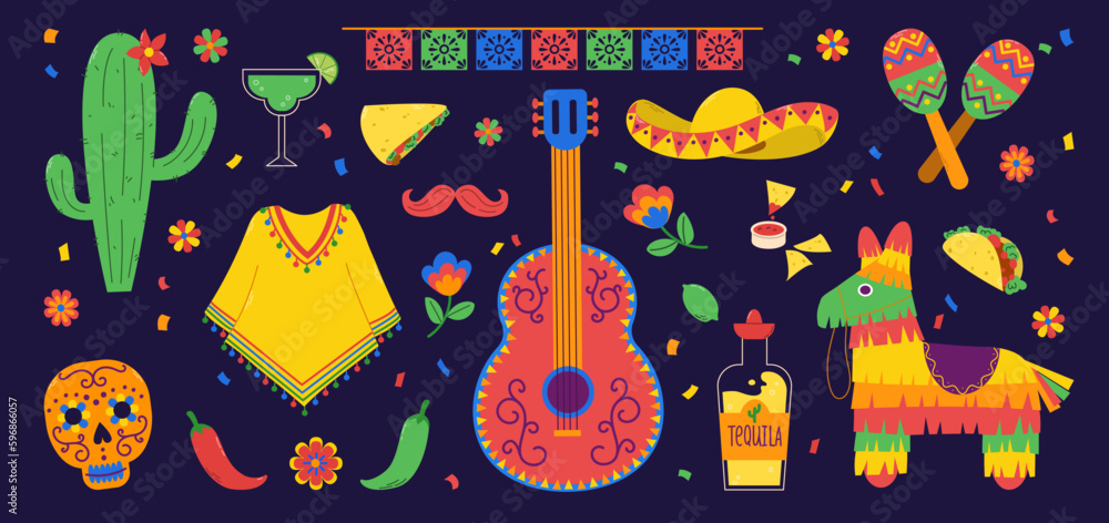 Set isolated elements of design flyers, banners and social media posts for mexican federal holiday Cinco de Mayo. Mexican heritage and culture. Flat vector illustration