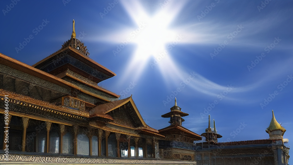 The bright sun in the blue sky over the historical temple. The sun's rays in the blue sky. Generated by AI. International Sun Day.