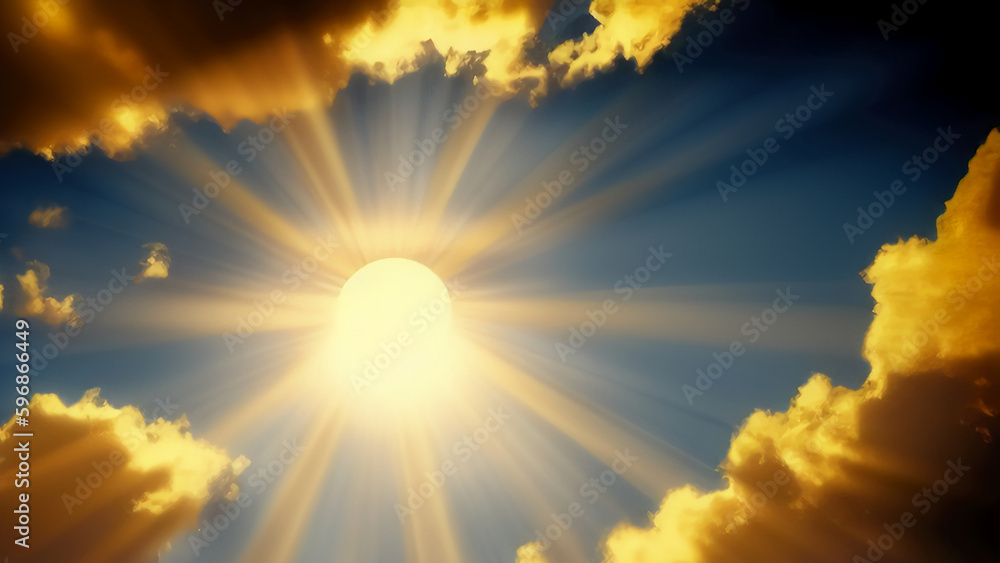 Yellow sun in the evening cloudy sky. Sunlight in the evening. Bright rays of the sun. Generated by AI. International Sun Day. Yellow sun in the evening cloudy sky. Sunlight in the evening. Bright rays of the sun. Generated by AI. International Sun Day.