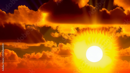 Yellow painted sun in a cloudy sky. Sunlight in the evening before sunset. Bright rays of the sun. Generated by AI. International Sun Day.