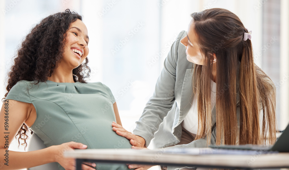You have to bring the little one to work someday too. Shot of a businesswoman touching her colleagues pregnant belly in an office. You have to bring the little one to work someday too. Shot of a businesswoman touching her colleagues pregnant belly in an office.