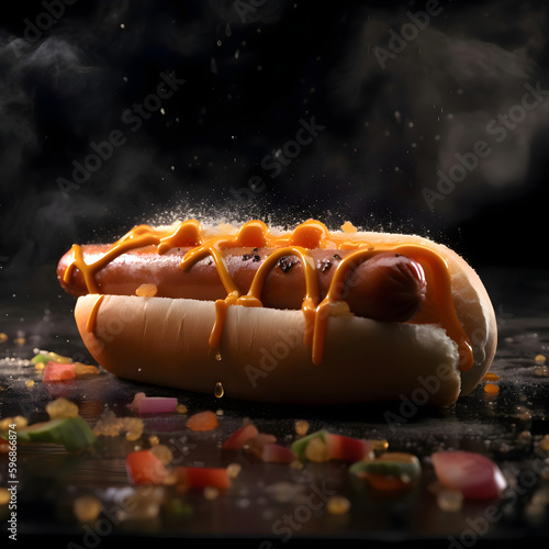Hot dog with mustard and smoke on black background. 3d illustration
