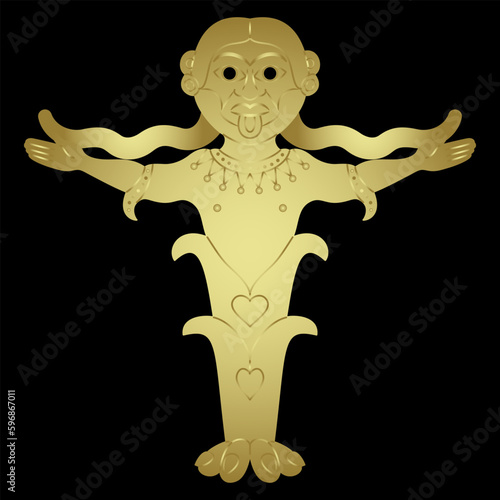 Fornax. Ancient Roman goddess of oven, furnace and baking. Antique sculpture. Golden glossy silhouette on black background.