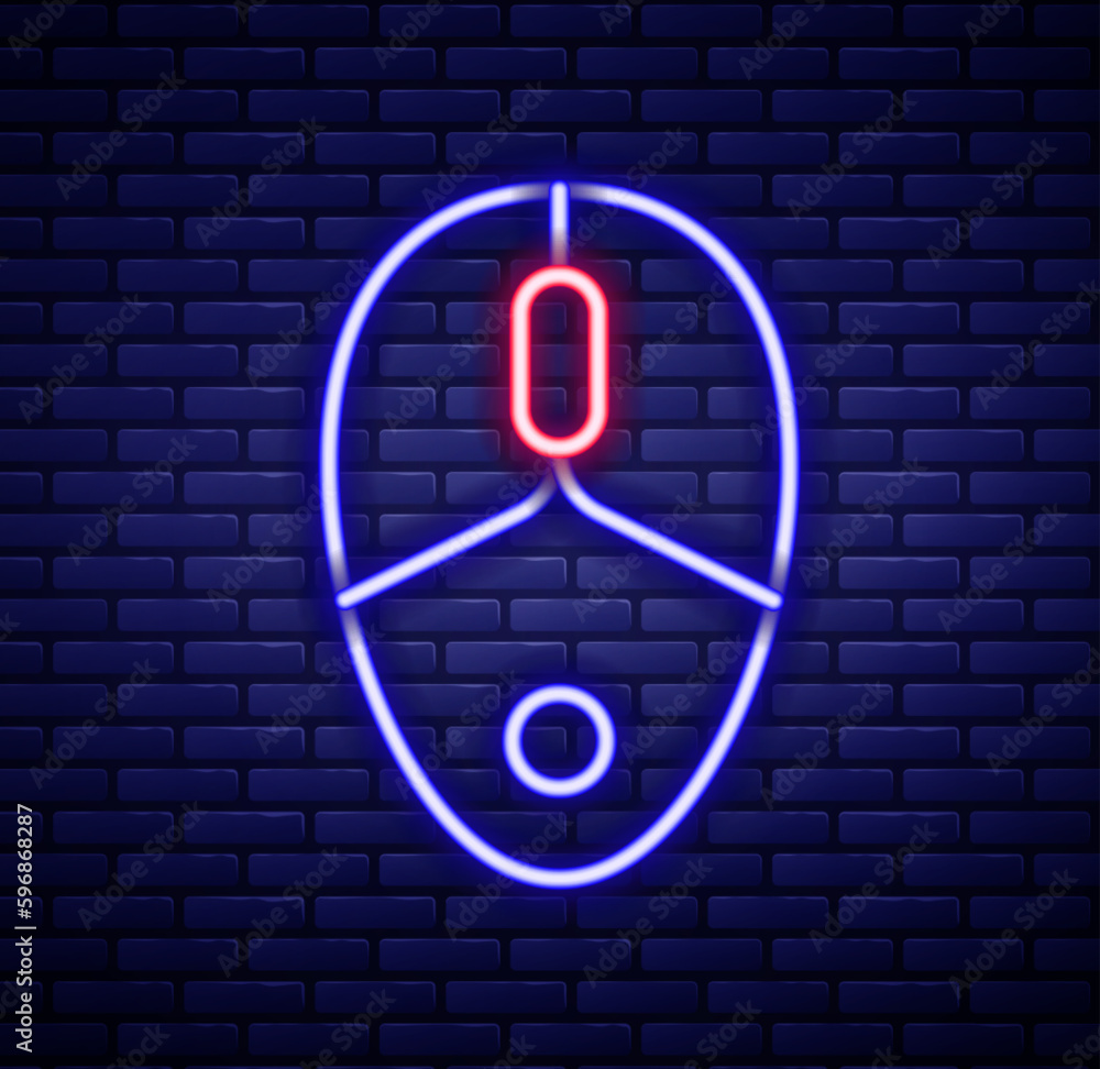 Glowing neon line Computer mouse gaming icon isolated on brick wall background. Optical with wheel symbol. Colorful outline concept. Vector Glowing neon line Computer mouse gaming icon isolated on brick wall background. Optical with wheel symbol. Colorful outline concept. Vector