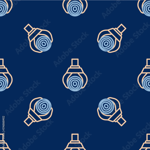 Line Grapple crane grabbed a log icon isolated seamless pattern on blue background. Forest industry. Industrial crane for lumber trunk wood production. Vector