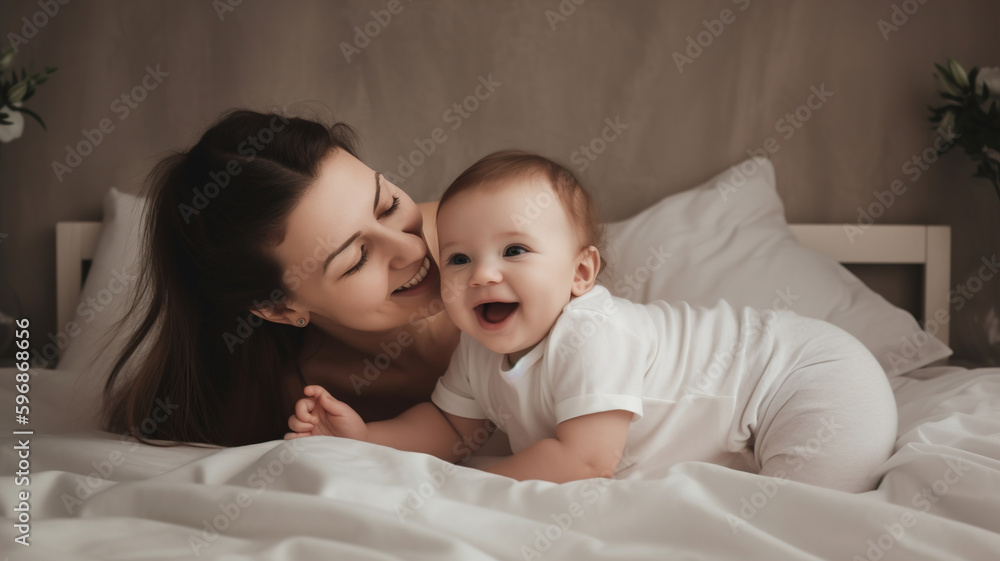 Mother and baby lying on the bed, playing, Family at home bedroom Mother and baby lying on the bed, playing, Family at home bedroom