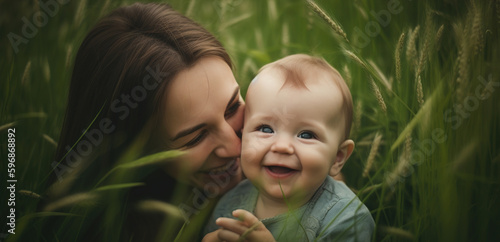 Mother and child playing in the grass, Happy Family at park, nature in summer